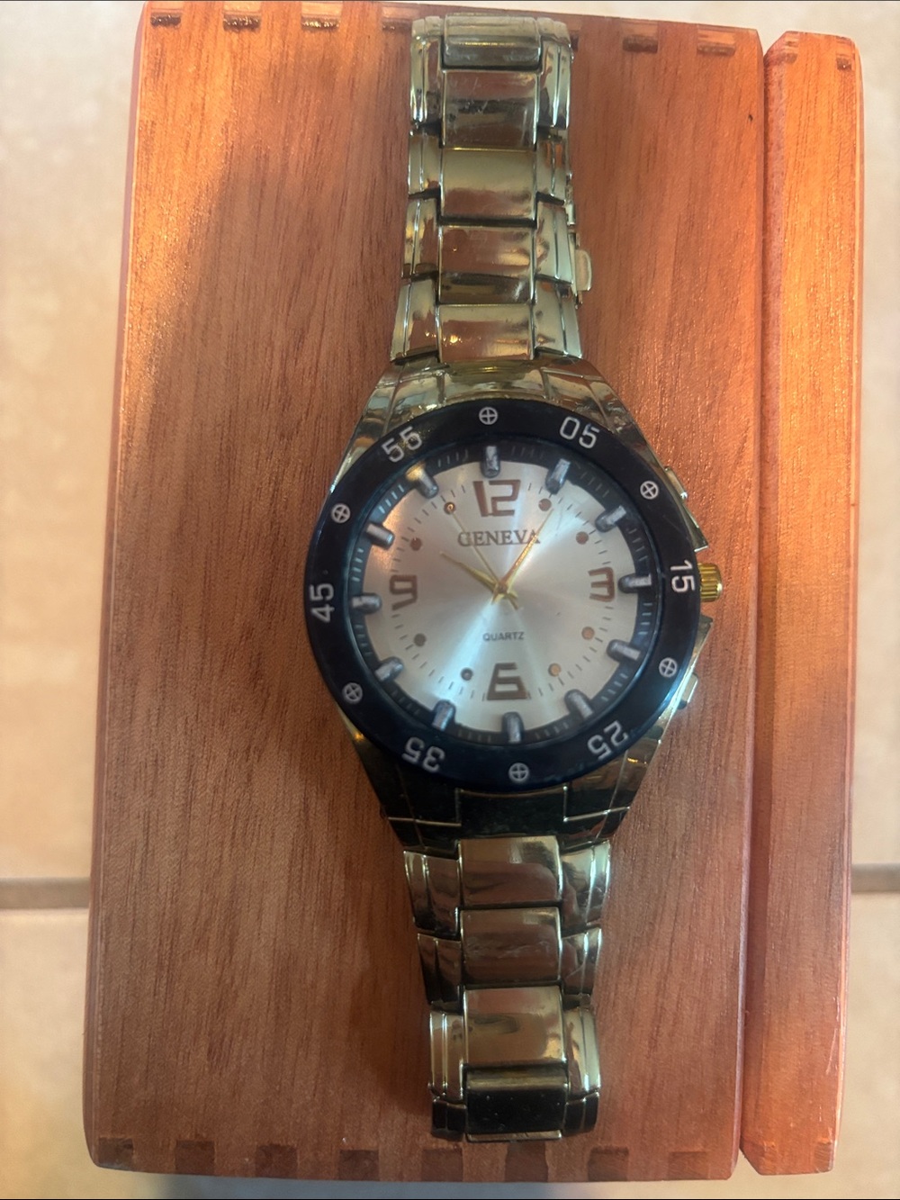 Geneva Gold-Tone Bracelet Watch with Black Bezel